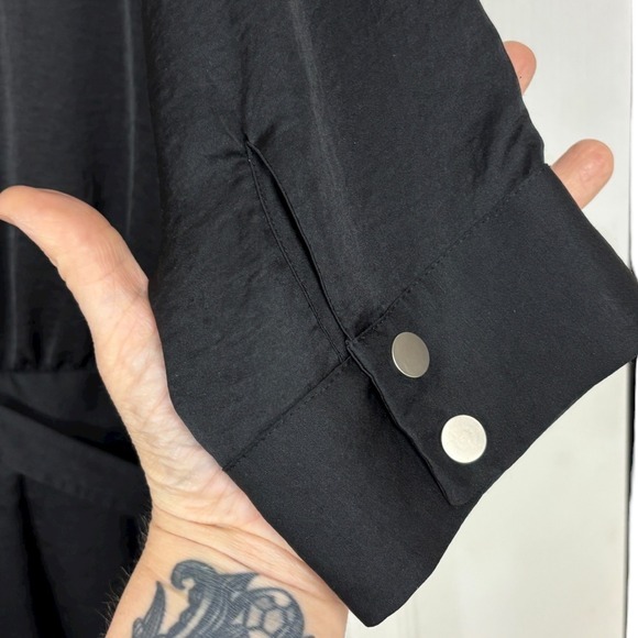 BEBE Black Satin Utility Jumpsuit Sz S Mock Neck Zip Tapered Leg Belted Y2K Goth - Picture 14 of 15